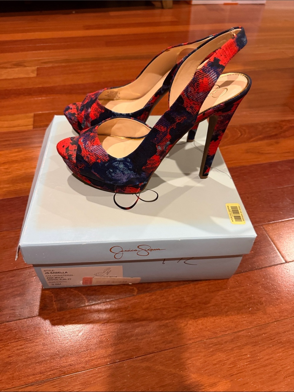 Jessica Simpson Red and Navy Floral Slingback Peep-Toe Heels